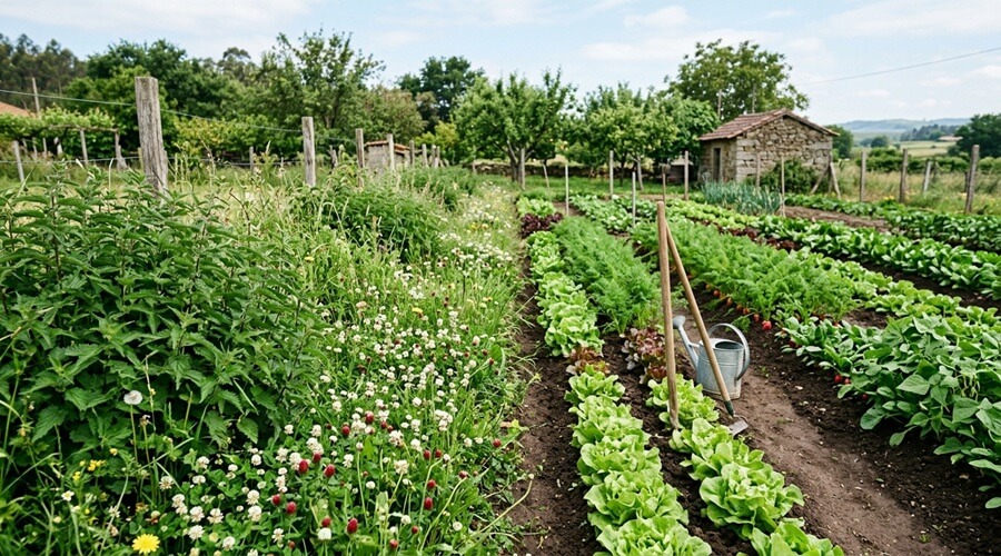 Plantas indicadoras: o que as ervas espontâneas revelam sobre o seu solo 1 Diferentes plantas indicadoras a crescer nas margens de um canteiro de horta