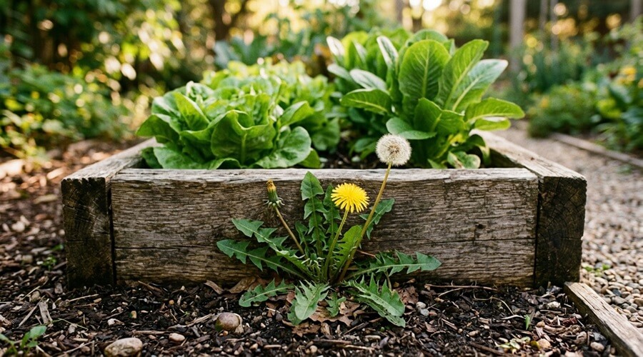 Plantas indicadoras: o que as ervas espontâneas revelam sobre o seu solo 3 Dente-de-leão como planta indicadora junto a um canteiro elevado