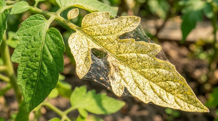 Tarefas na horta em agosto: o guia prático para o horticultor biológico 3 Aranha-vermelha em folha de tomateiro em agosto — praga mais ativa nas tarefas na horta em agosto