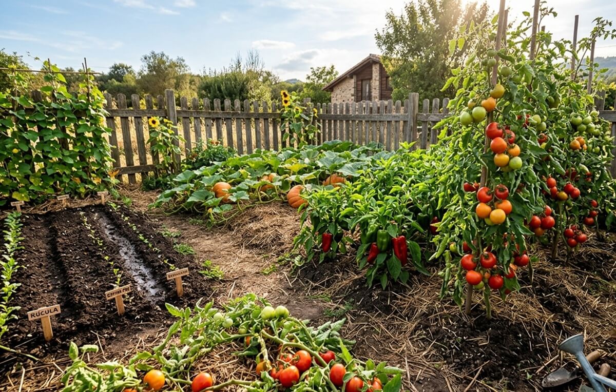 Tarefas na horta em agosto — horta caseira com colheitas de verão e primeiras sementeiras de outono