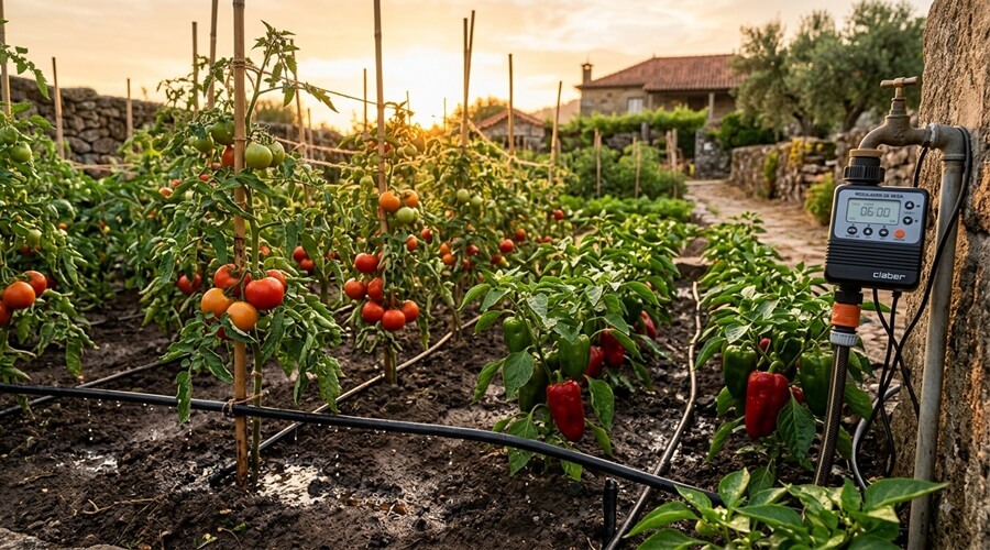 Tarefas na horta em agosto: o guia prático para o horticultor biológico 2 Tarefas na horta em agosto — rega automática gota a gota ao nascer do sol em canteiro de tomate