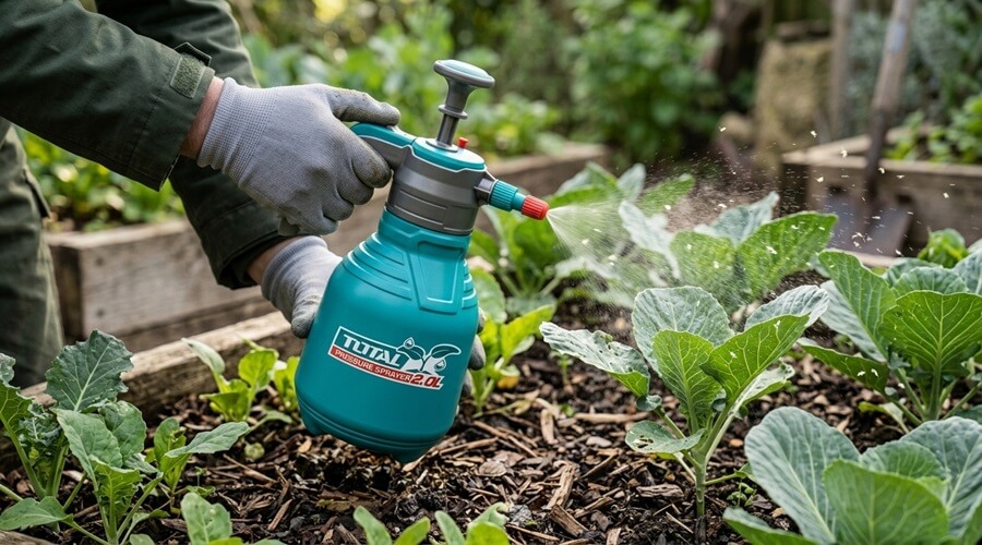 Aplicação de um spray de contacto (sabão de potássio + óleo de neem) na face inferior das folhas de uma couve numa horta biológica