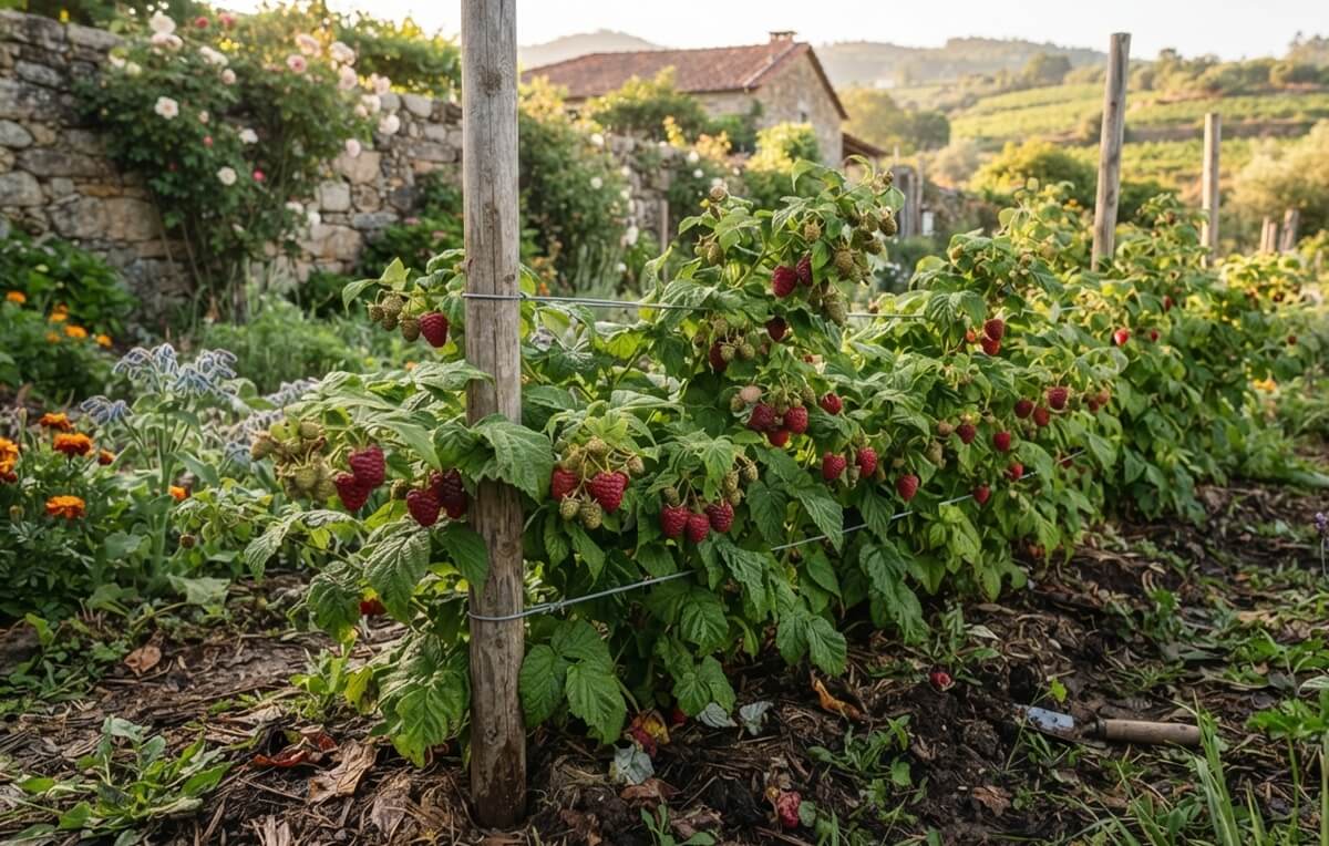 Cultivar framboesas numa horta doméstica