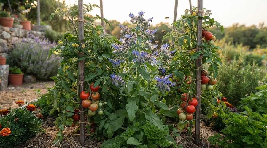Cultivar borragem na horta: a flor que atrai abelhas e repele pragas 3 Borragem cultivada como planta companheira entre tomateiros com flores azuis e tomates vermelhos maduros em simultâneo