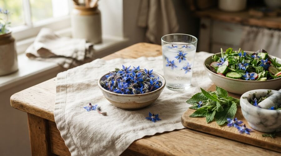 Cultivar borragem na horta: a flor que atrai abelhas e repele pragas 4 Flores de borragem comestíveis em salada, cubos de gelo e mesa de cozinha — usos culinários das flores azuis colhidas da horta