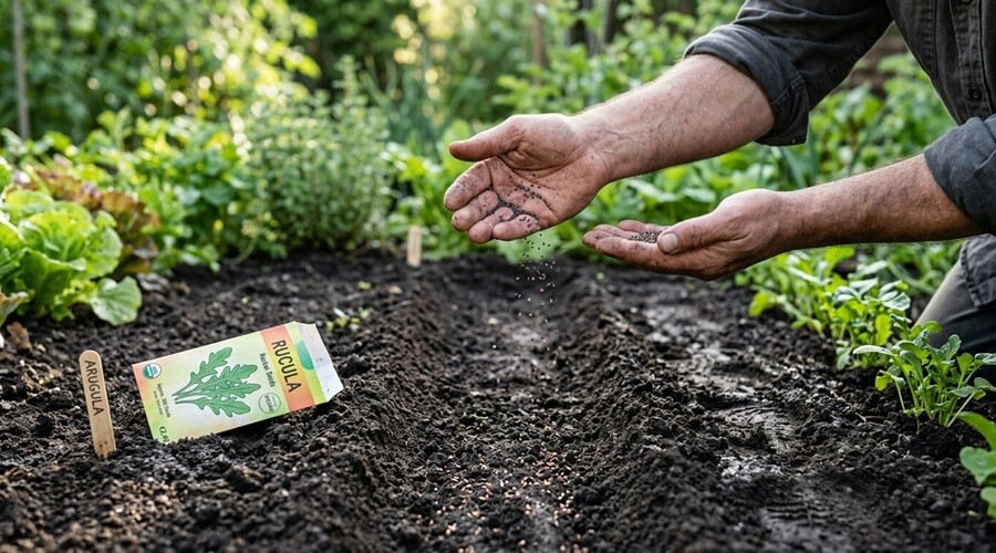 Cultivar rúcula na horta: tudo o que precisa de saber 1 Sementeira direta de rúcula com sementes pequenas em linha sobre solo húmido e preparado