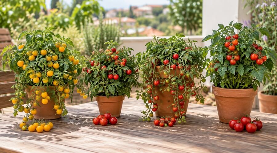 Variedades de tomate para vaso como Floragold Basket, Tiny Tim, Tumbling Tom e Maskotka