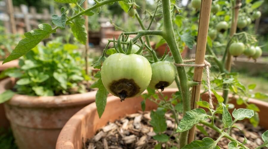 Podridão apical em tomates cultivados em vaso por carência de cálcio — mancha castanha-negra na base do fruto