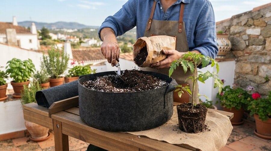 Preparação de saco de cultivo para cultivar tomates em vaso com substrato biológico, perlite e vermicomposto