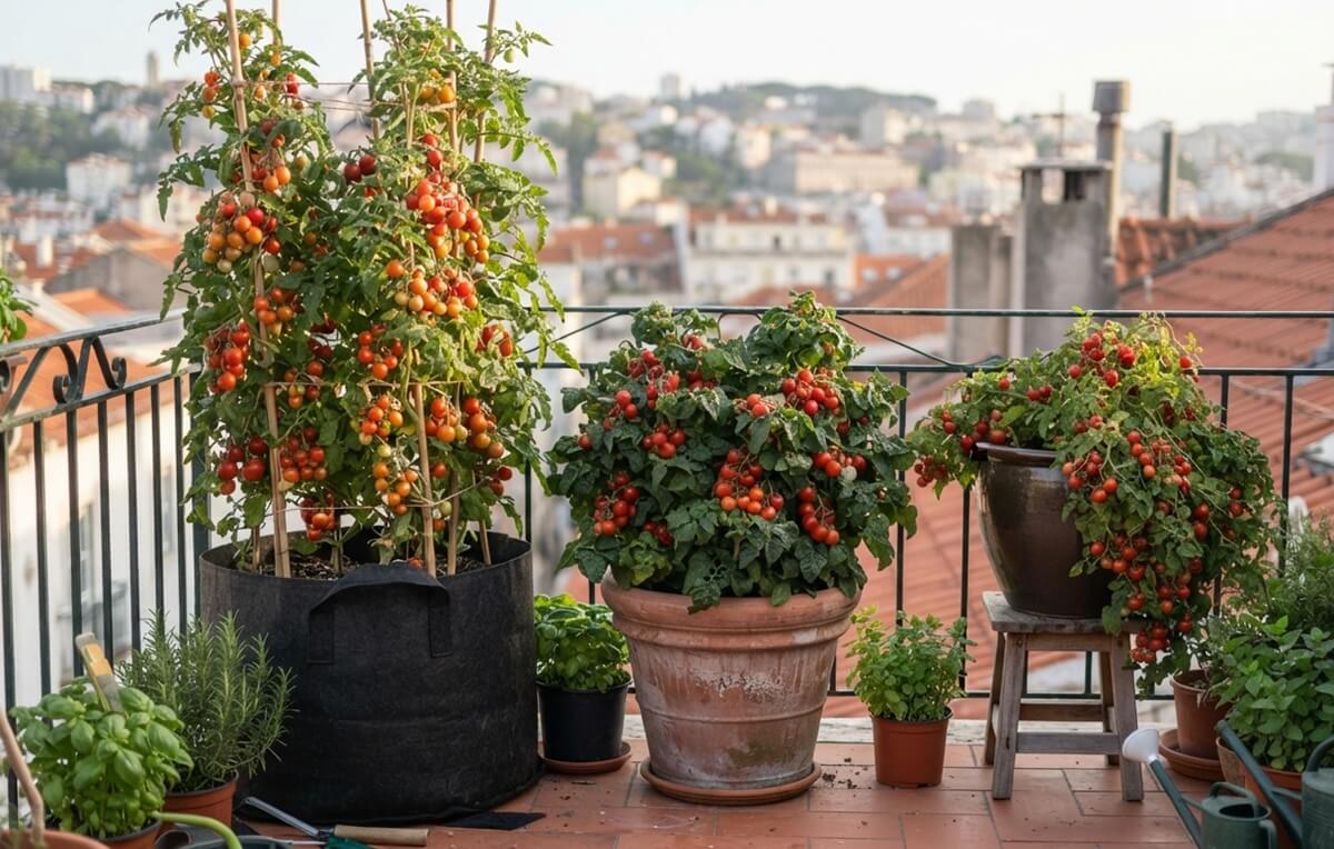 Cultivar tomates em vaso numa varanda portuguesa com várias variedades em produção — sacos de cultivo, vasos de terracota e tomates cereja