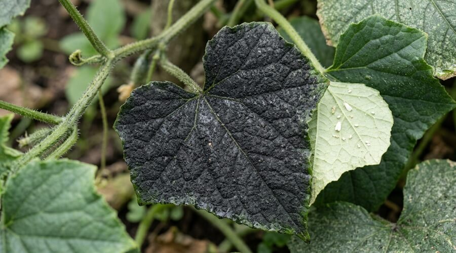 Folha de pepino severamente afetada por fumagina, o fungo negro que se desenvolve na melada secretada pela mosca branca