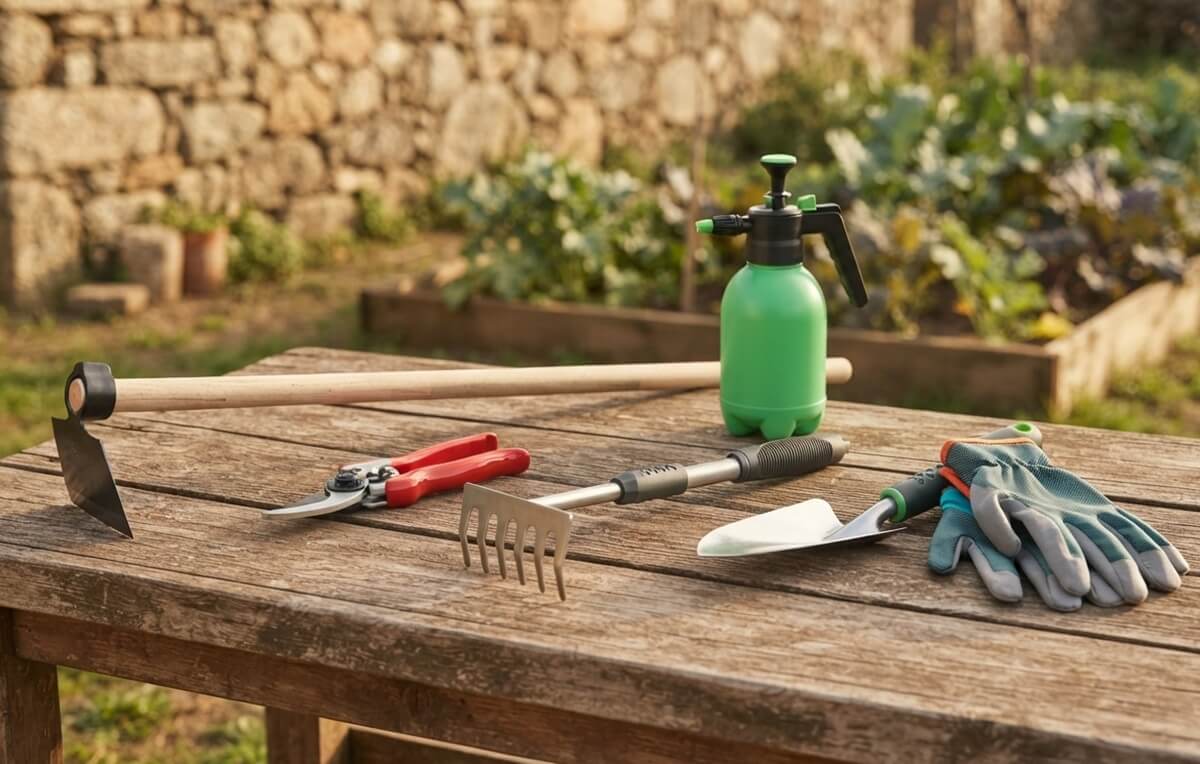Ferramentas para horta biológica essenciais dispostas numa bancada