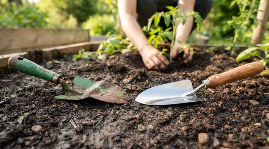 Ferramentas para horta: as essenciais e as que pode dispensar 1 Comparação de ferramentas para horta — colher barata dobrada e enferrujada versus colher de aço inoxidável de qualidade profissional