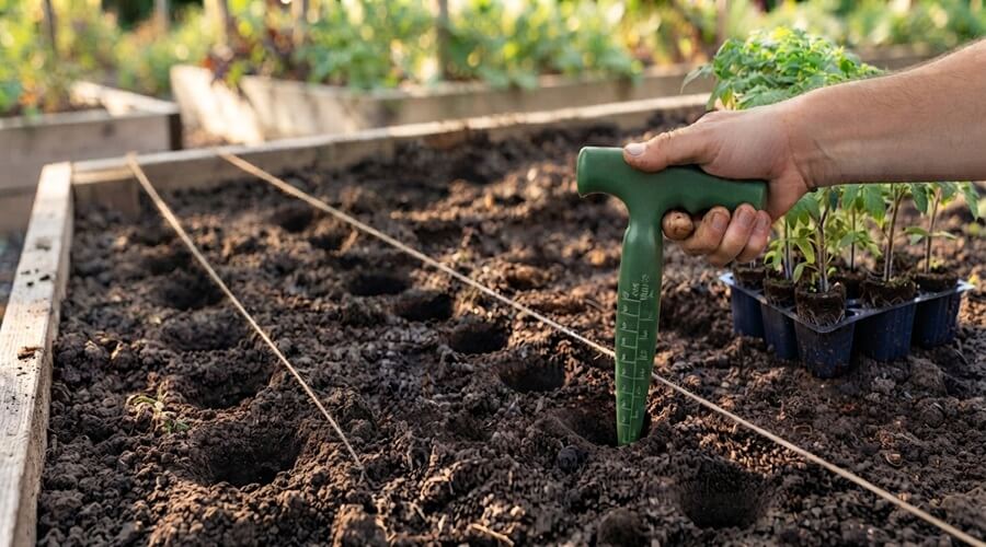 Ferramentas para horta: as essenciais e as que pode dispensar 2 Ferramentas para a horta - plantador a abrir covas uniformes em linha com cordel guia para transplante de mudas de tomateiro numa horta biológica