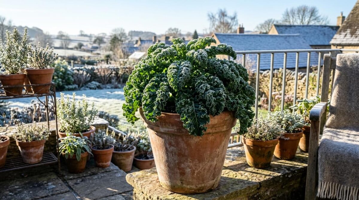 Horta de inverno na varanda com couve-frisada anã em vaso grande com gotas de geada nas folhas