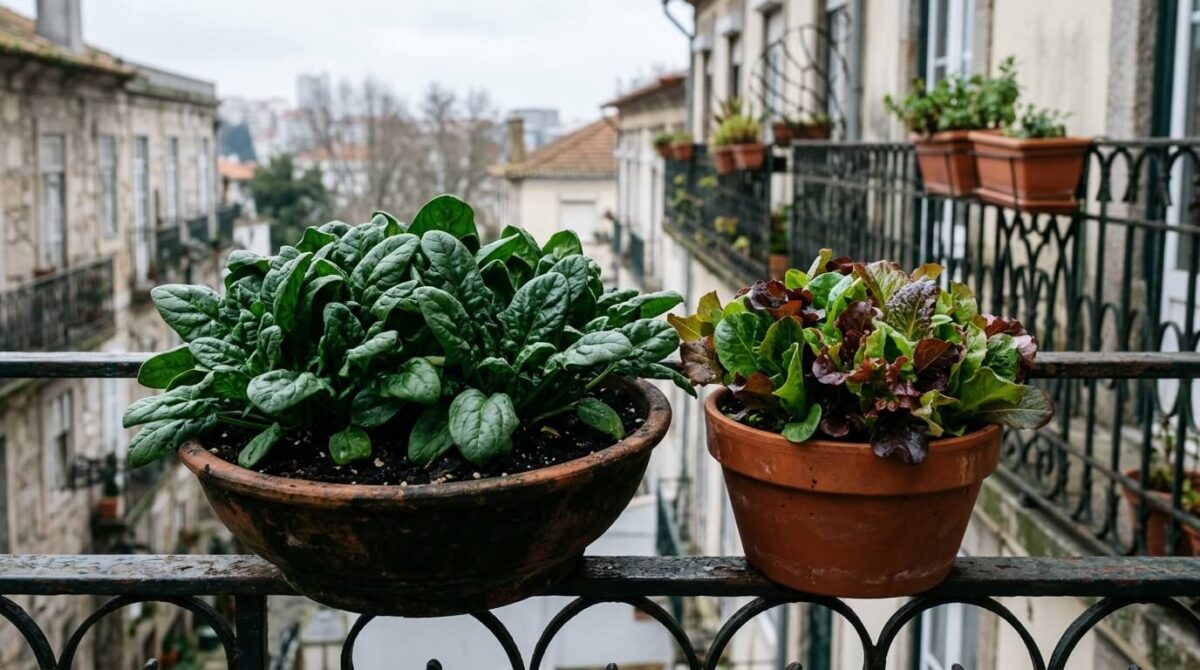Horta de inverno na varanda com espinafres maduros e alface de corte em vasos na varanda de apartamento