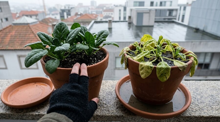 Horta de inverno na varanda — comparação entre espinafres saudáveis com boa drenagem e espinafres amarelados com encharcamento no prato