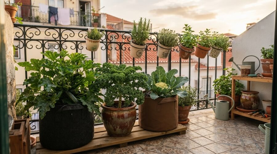 Hortícolas anãs de courgette compacta, couve-frisada e couve-flor em vasos numa varanda portuguesa