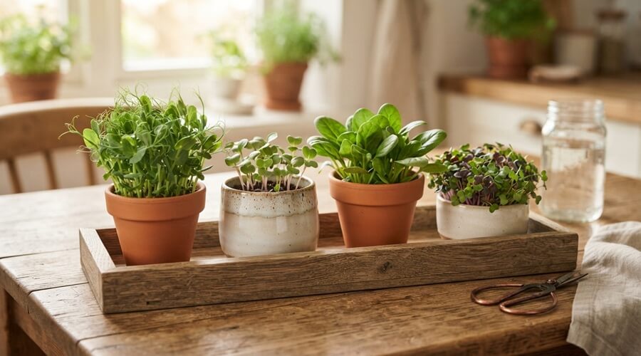 Hortícolas anãs e tabletop veg em vasos pequenos sobre mesa — rebentos de ervilha, rabanetes baby, espinafres e microgreens