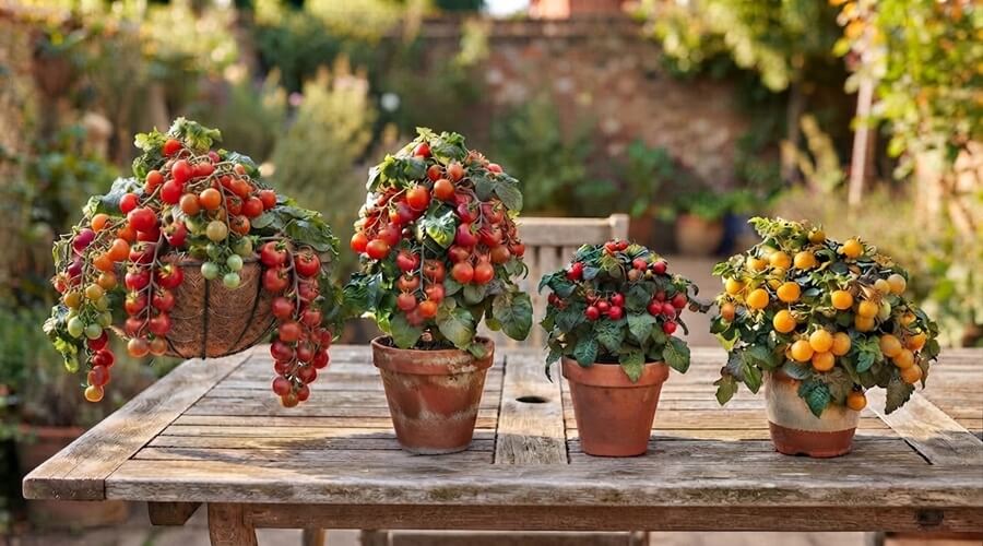 Quatro variedades de tomates anões em vasos pequenos — Tumbling Tom, Balconi, Tiny Tim e Floragold Basket em comparação
