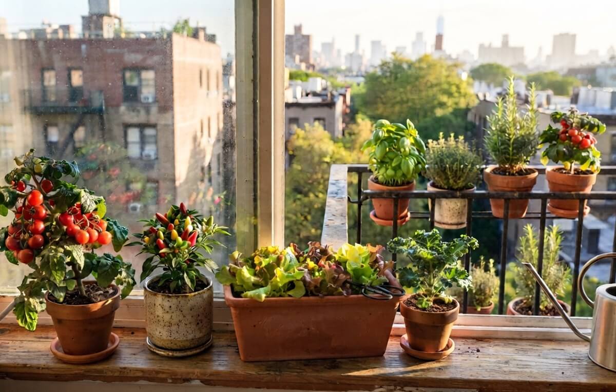 Hortícolas anãs em vasos numa varanda e janela — tomate cascata, pimento anão, alface de corte e couve compacta