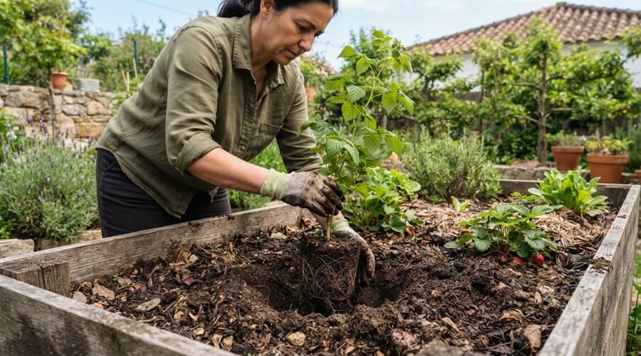 Como cultivar framboesas: plantação, rega e poda 1 Cultivar framboesas através da plantação de uma jovem framboeseira