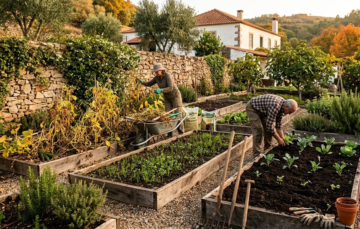 Preparar a horta para o outono — limpeza de culturas de verão, incorporação de composto e transplante de brássicas em quintal português