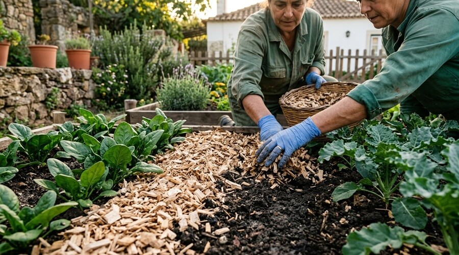 Cobertura do solo com mulching orgânico ao preparar a horta para o outono entre espinafres e couves jovens