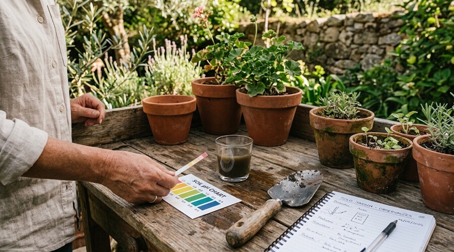 Teste de pH do solo para preparar a horta para o outono com fita indicadora