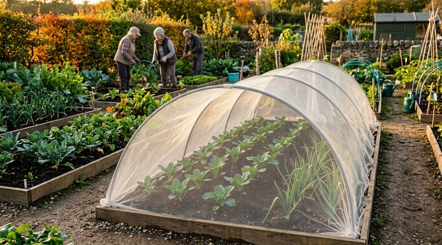 Preparar a horta para o outono com transplante de brócolos, couves e alho-francês protegidos com rede em horta comunitária
