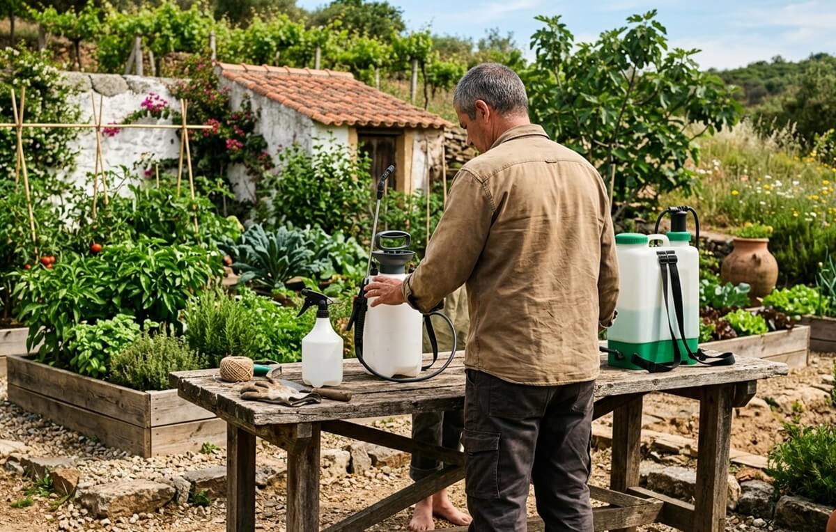 Pulverizador de jardim de diferentes capacidades numa horta caseira portuguesa