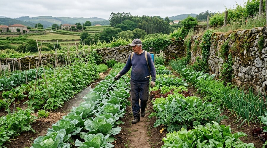 Pulverizador de jardim para a horta: escolha o modelo certo 2 Pulverizador de jardim de mochila utilizado numa horta familiar em Portugal