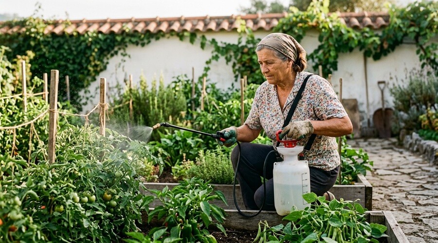 Pulverizador de jardim para a horta: escolha o modelo certo 1 Pulverizador de jardim, de pressão a aplicar tratamento numa horta biológic