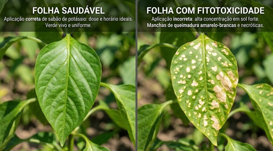 Sabão de potássio: a solução natural e eficaz contra pragas na horta 3 Comparação entre folha de pimenteiro saudável após sabão de potássio correctamente aplicado e folha com fitotoxicidade por aplicação em pleno sol