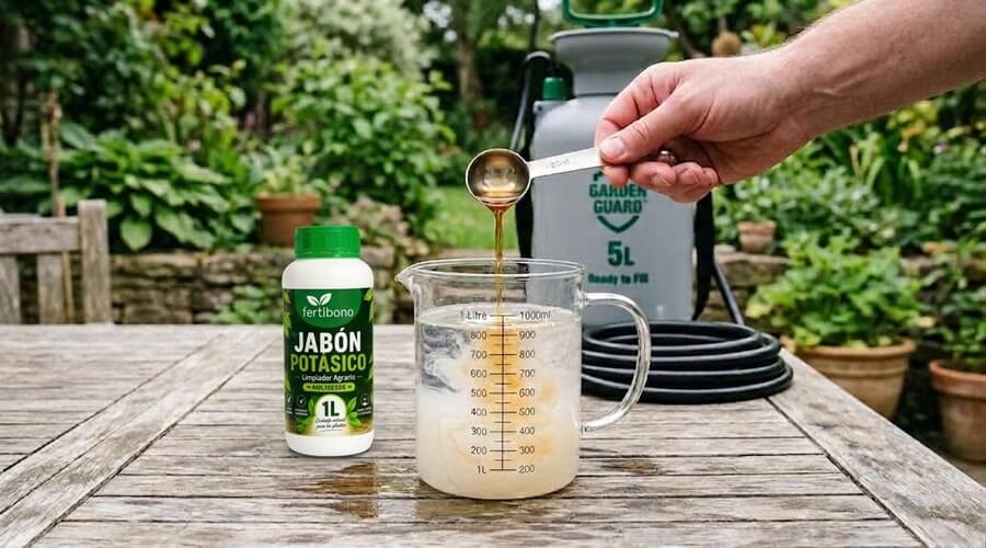 Sabão de potássio: a solução natural e eficaz contra pragas na horta 2 Preparação de sabão de potássio com dosagem de 20 ml por litro de água em jarro medidor antes de encher o pulverizador