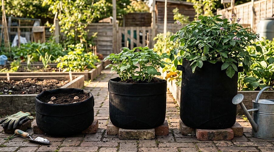 Sacos de cultivo: como usar, quando usar e principais vantagens 2 Três sacos de cultivo de batata em fases progressivas de enrolamento — método de cultivo por camadas em saco