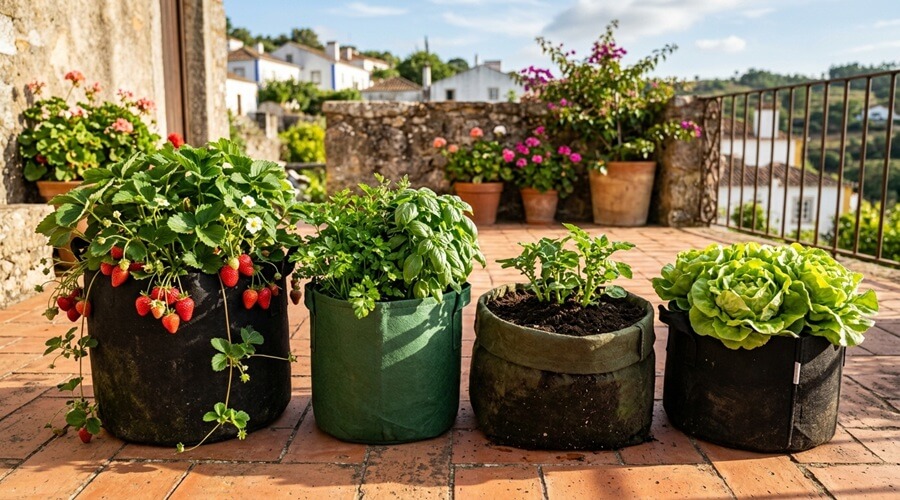 Sacos de cultivo: como usar, quando usar e principais vantagens 3 Quatro sacos de cultivo com culturas diferentes num terraço — morangos, ervas aromáticas, batatas e alfaces em simultâneo