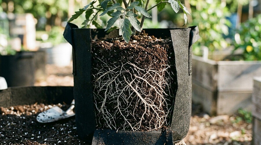Sacos de cultivo: como usar, quando usar e principais vantagens 1 Corte transversal de saco de cultivo em tecido mostrando raízes saudáveis sem enrolamento — efeito de poda aérea do tecido