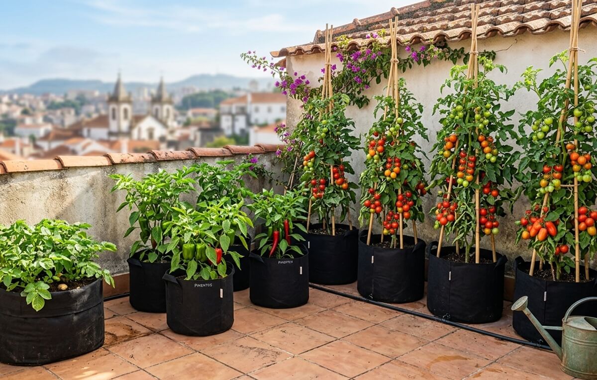 Sacos de cultivo com tomateiros, pimentos e batatas num terraço ensolarado português — várias culturas a prosperar em sacos de tecido