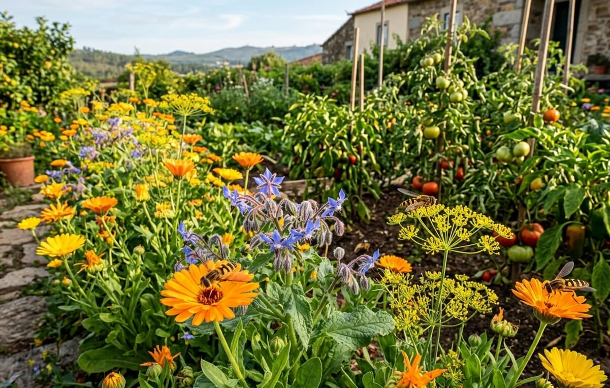 Sirfídeos a visitar flores de calêndula, borragem e funcho numa horta biológica portuguesa — auxiliares da horta essenciais