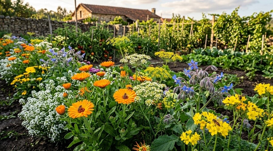 Bordadura de plantas que atraem sirfídeos — calêndula, borragem, funcho, alísso e facélia com vários sirfídeos visíveis em simultâneo