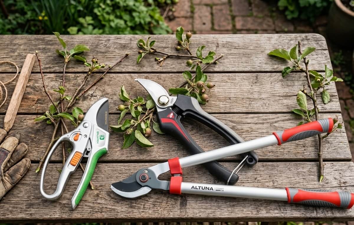 Os três tipos de tesoura de poda — bypass, bigorna e duas mãos — dispostas em mesa de jardim com ramos cortados