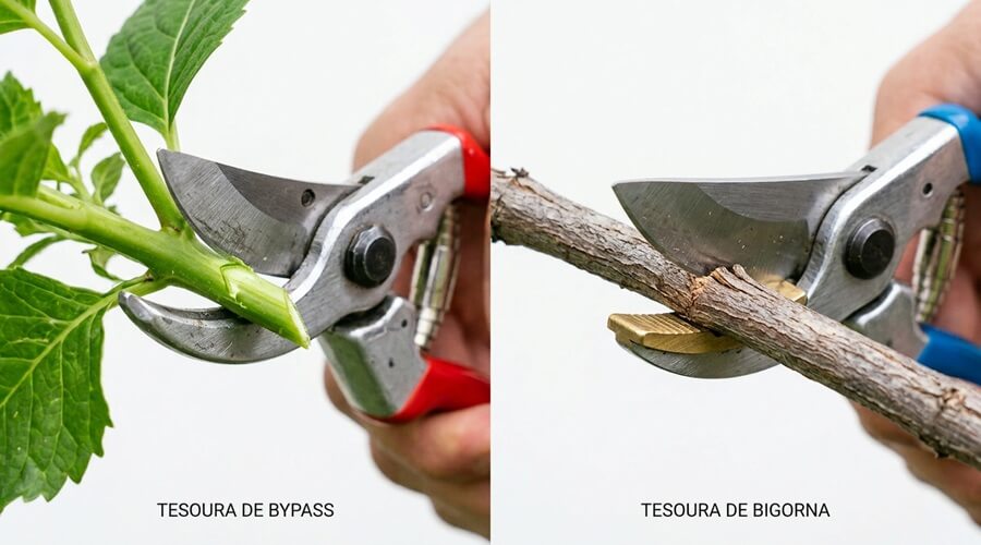 Tesouras de poda: como escolher entre bypass, bigorna e tesoura de duas mãos 1 Comparação macro do mecanismo de corte da tesoura de poda bypass com lâminas cruzadas versus tesoura de bigorna com lâmina contra apoio fixo