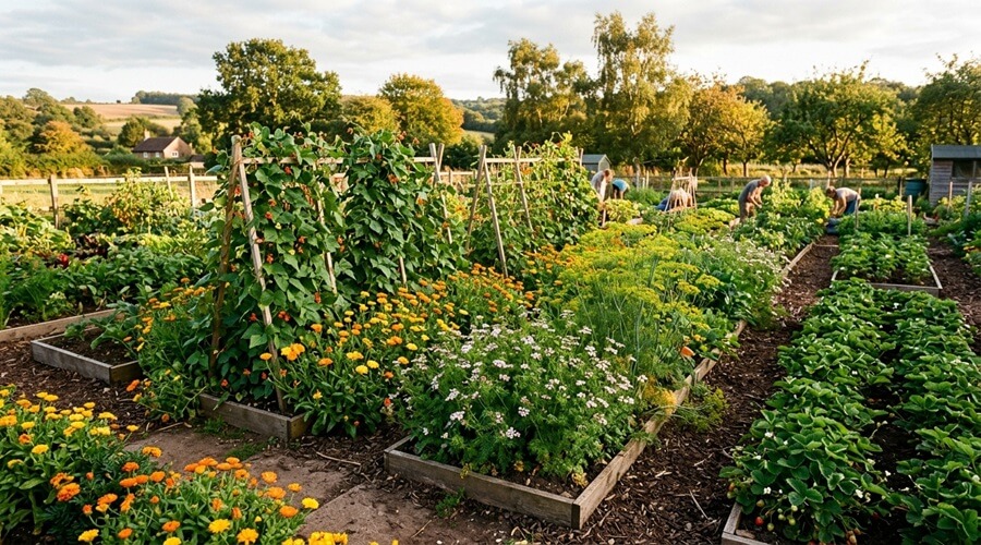 Ácaros predadores: os aliados invisíveis que protegem a sua horta 2 Flores de calêndula, coentro e endro numa horta comunitária para atrair ácaros predadores