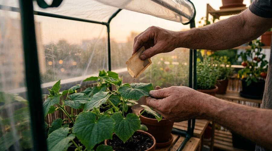 Ácaros predadores: os aliados invisíveis que protegem a sua horta 3 Libertação de ácaros predadores numa mini-estufa de varanda com pepineiros