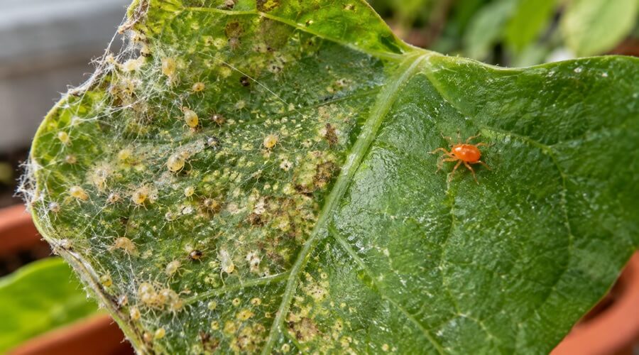 Ácaros predadores: os aliados invisíveis que protegem a sua horta 1 Comparação entre ácaros predadores e aranhiço-vermelho com teia numa folha de feijoeiro
