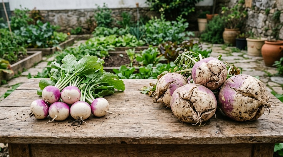 Cultivar nabo: nabos pequenos e tenros ao lado de nabos grandes e rachados