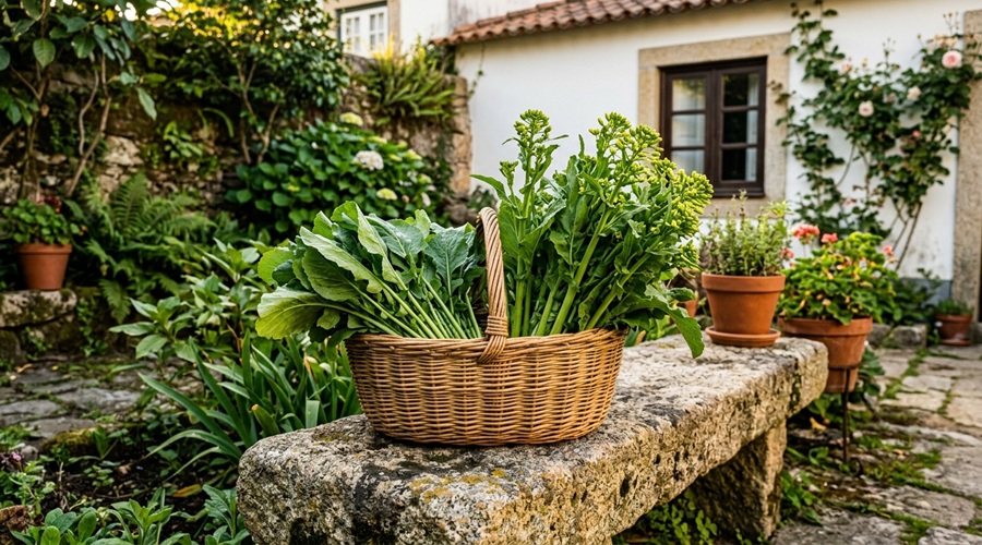 Cultivar nabo: cesto com nabiças e grelos acabados de colher