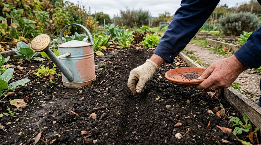 Cultivar nabo: sementeira direta de nabos num canteiro elevado