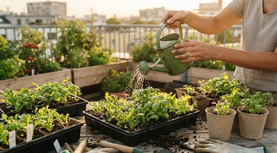 Mosquitos do fungo nas plantas: como eliminá-los de modo biológico 2 Rega com nemátodos benéficos numa sementeira de horta urbana para eliminar mosquitos do fungo